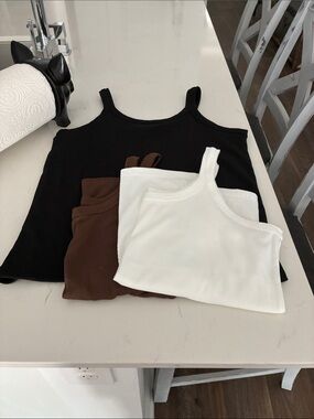 Ribbed Tank Top Set — White, Black & Brown